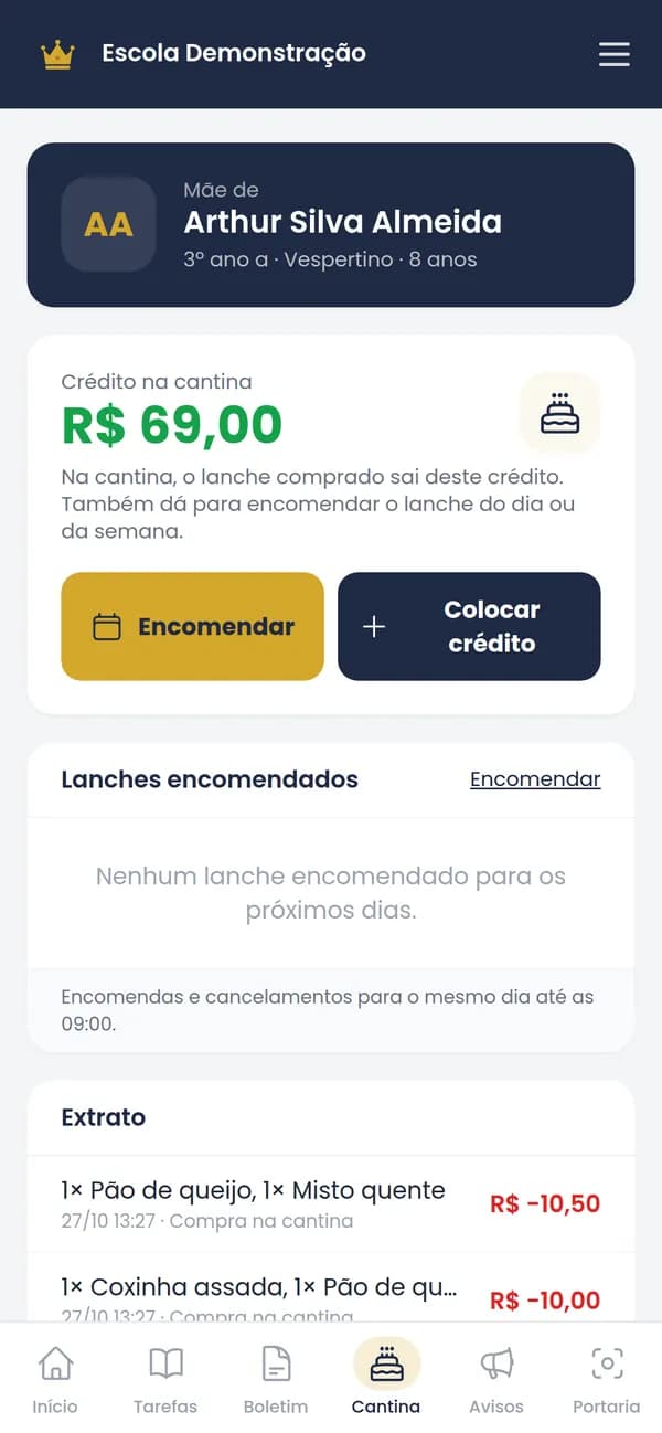 App dos pais: Cantina com crédito
