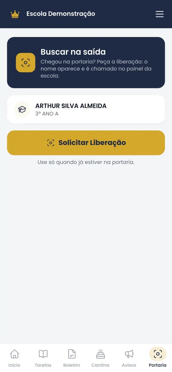 App dos pais: botão Solicitar liberação na portaria